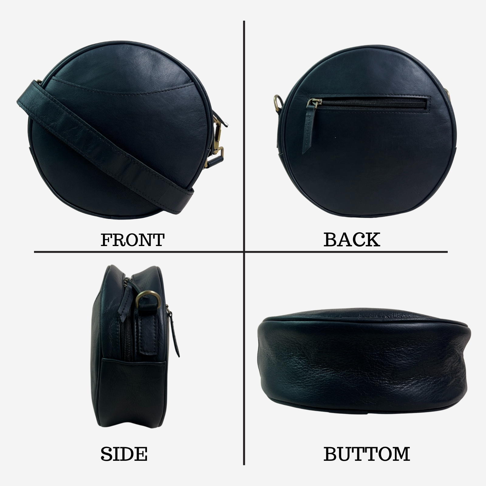 Madosh Stylish Round Crossbody Bag for Women – Small Circular Genuine Leather Purse with Adjustable Strap Black Side Shoulder Fashion Handbag